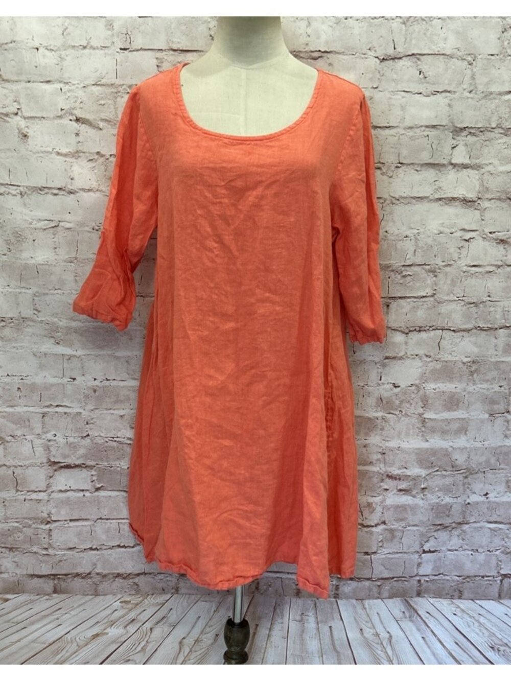 Bryn Walker XS Linen A-Line Pullover Tunic Shift Dress Coral 3/4 Sleeve Pockets